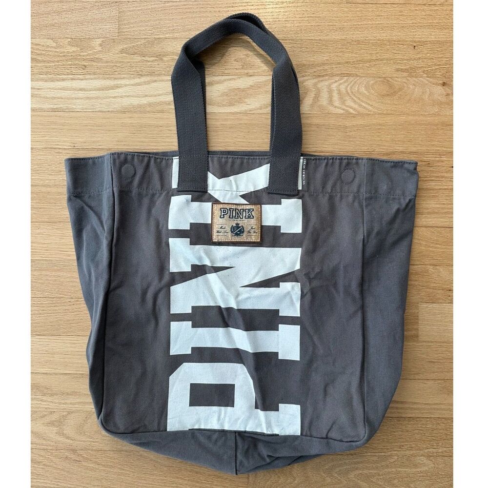 Victoria’s Secret PINK Canvas Tote Bag Gray Large Logo Weekender Shoulder Bag